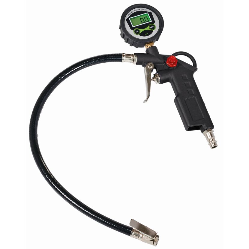 Digitaler Reifenfüllmesser mit Schlauch und Manometer.