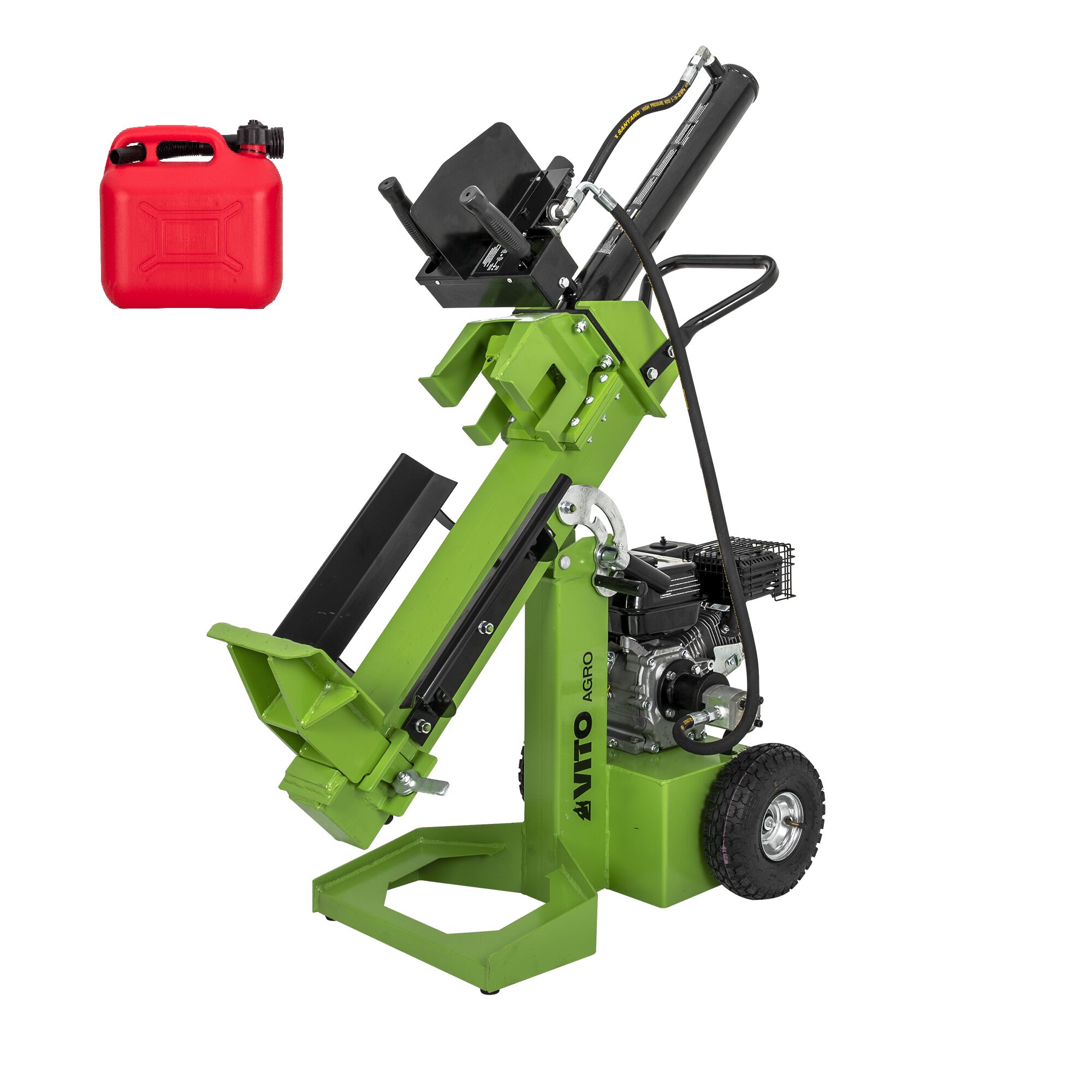 Benzin-Holzspalter mit rotem Benzinkanister