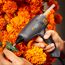 Heißklebepistole verklebt orangefarbene Blumen