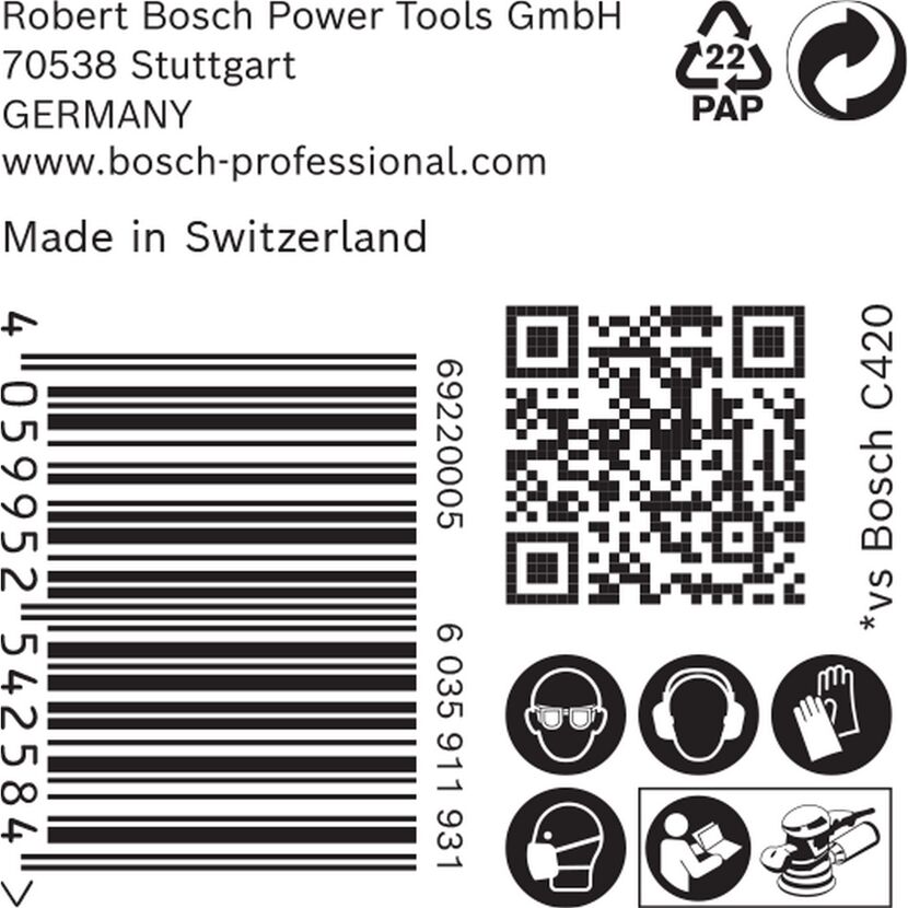 Barcode und QR-Code, Warnhinweise für Gehörschutz, Schutzbrille, Atemschutzmaske, Schutzhandschuhe und Betriebsanleitung, Schleifmaschine