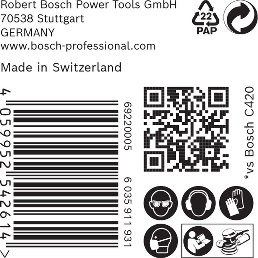 Bosch Etikett mit Warnhinweisen, Schleifmaschine