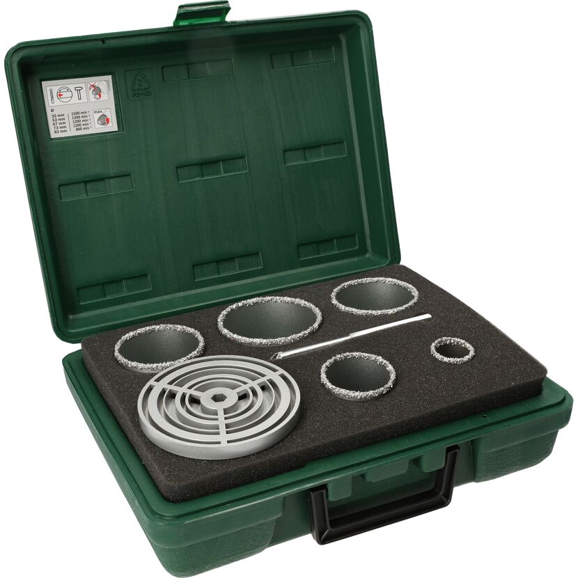 Lochsägen-Set, 5-teilig, HM bestückt, im grünen Kunststoffkoffer