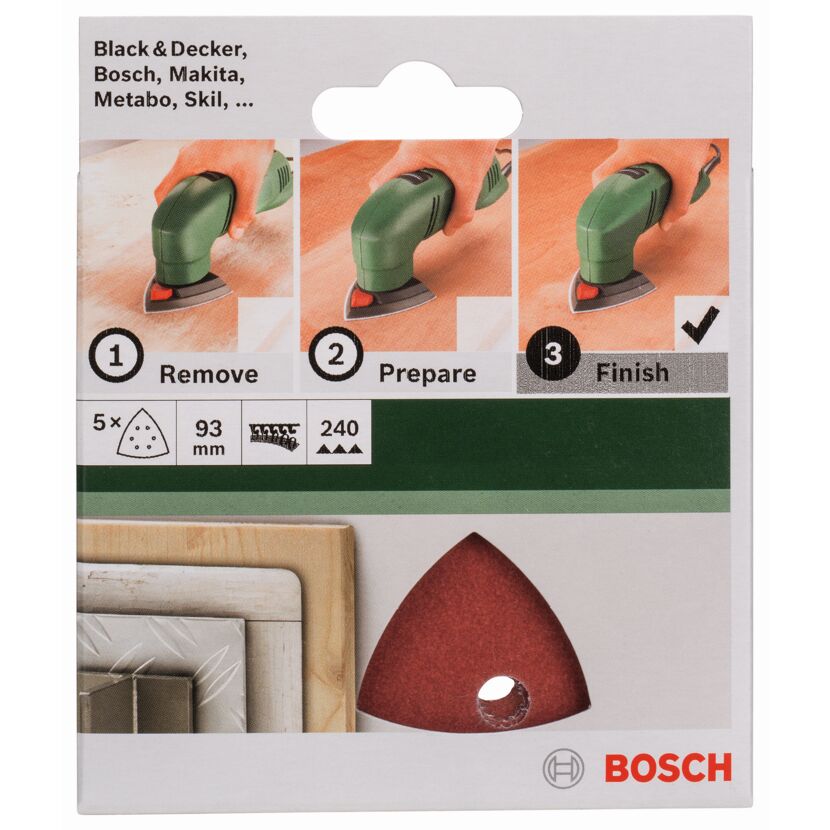 Fünf Schleifblätter für einen Dreiecksschleifer von Bosch.