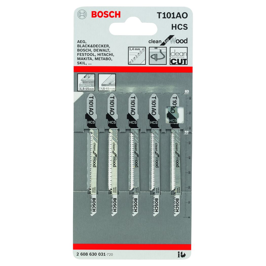 Fünf Stichsägeblätter von Bosch in einer Verpackung