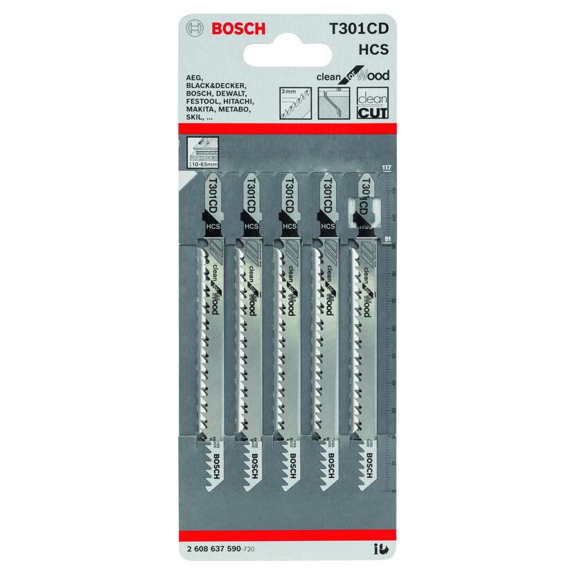 Fünf Bosch T301CD Stichsägeblätter für sauberes Schneiden in Holz