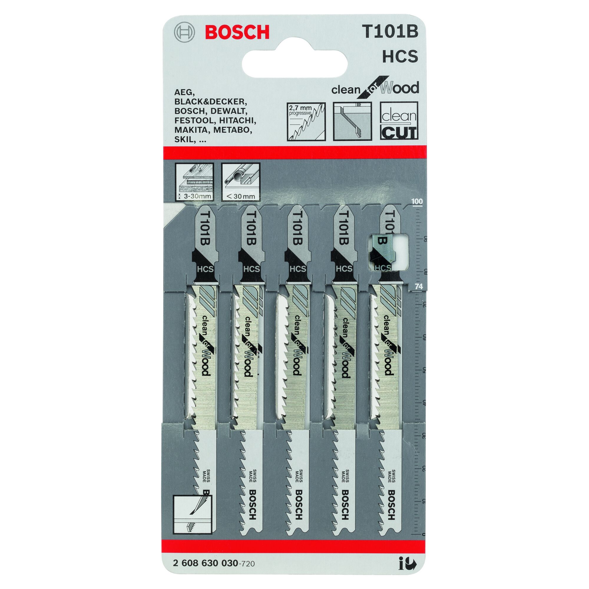 Fünf Stichsägeblätter T 101 B von Bosch in Verpackung