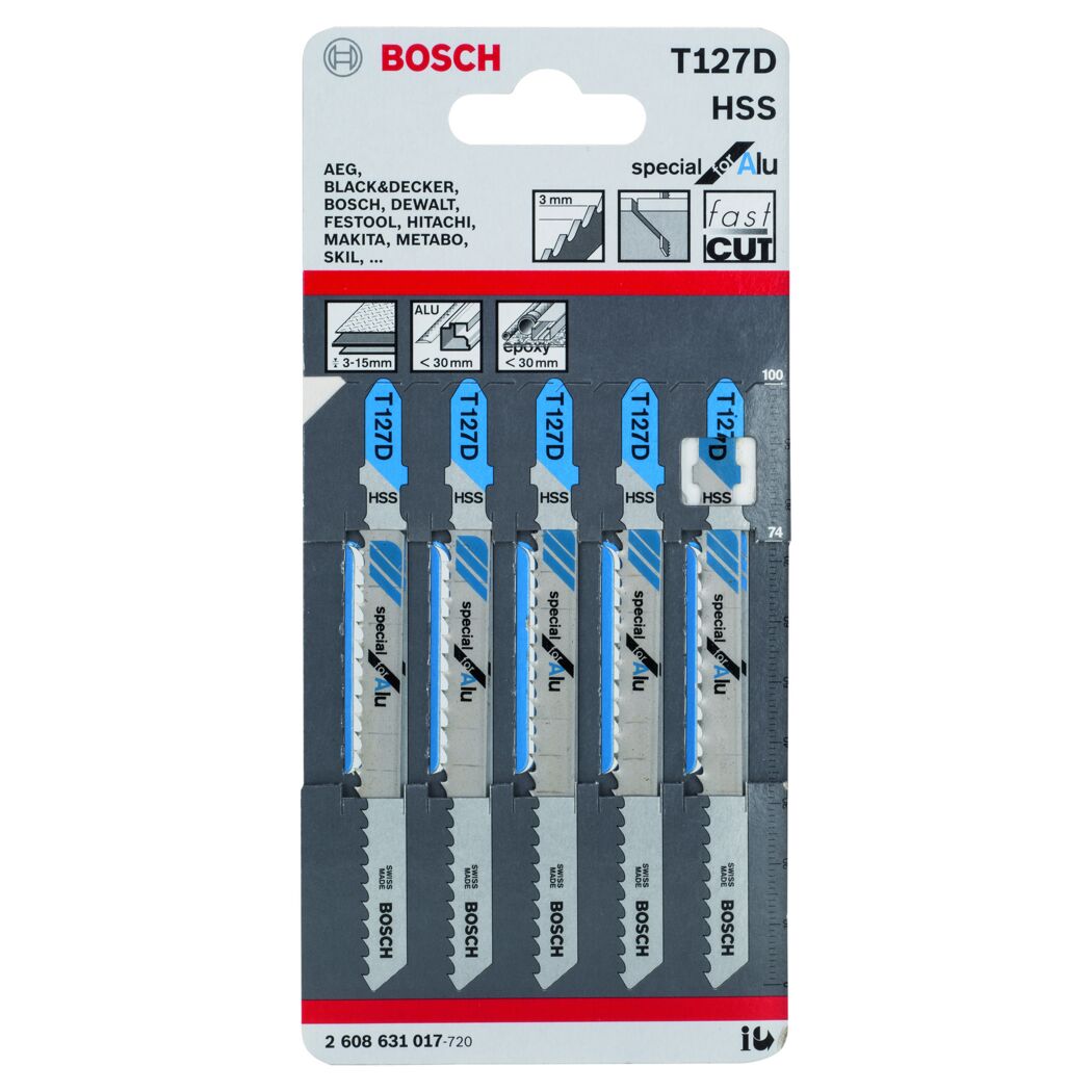 Fünf Stichsägeblätter T127D von Bosch für Alu