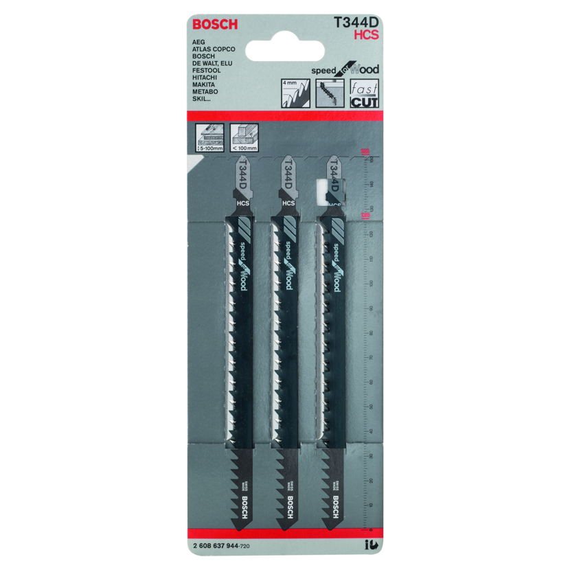 Drei Stichsägeblätter T344D von Bosch in Verpackung