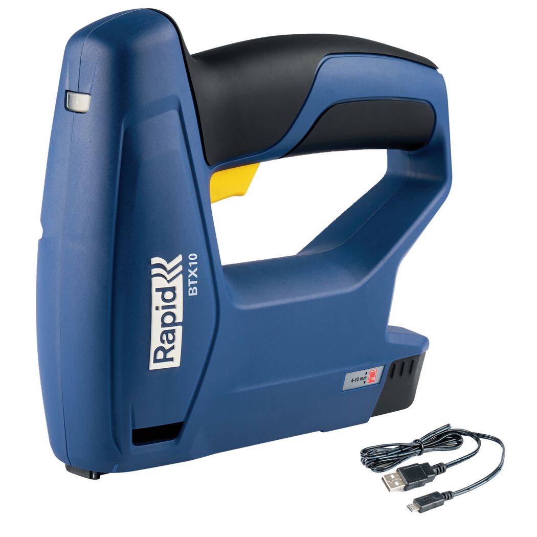 Blauer Akku-Tacker Rapid BTX10 mit Ladekabel