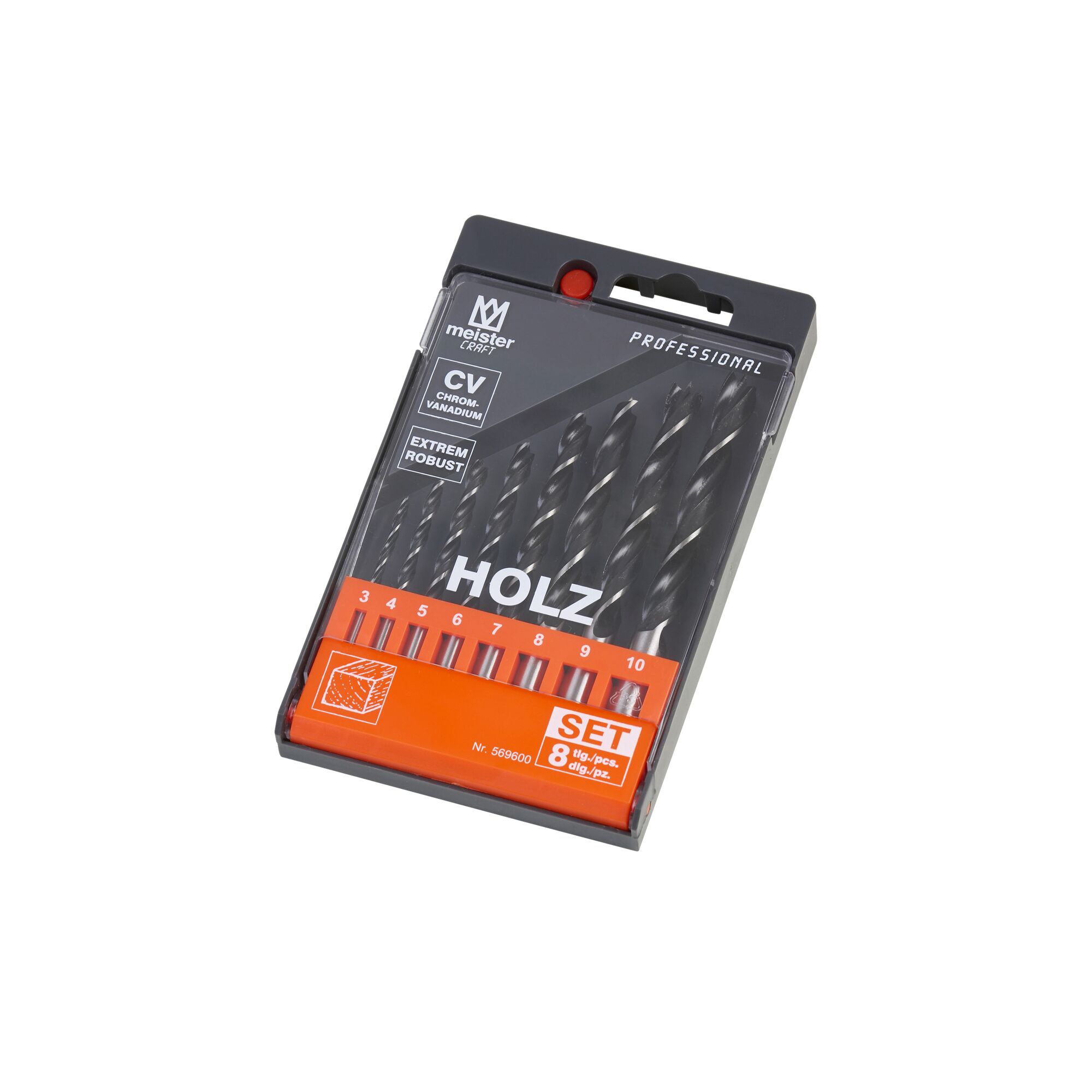 Satz mit acht Holzspiralbohrern in Plastikverpackung