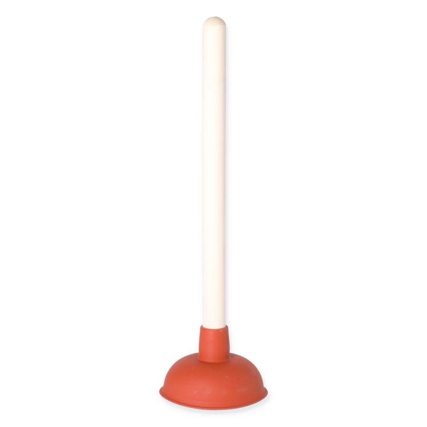 Ein roter Pümpel mit weißem Griff.