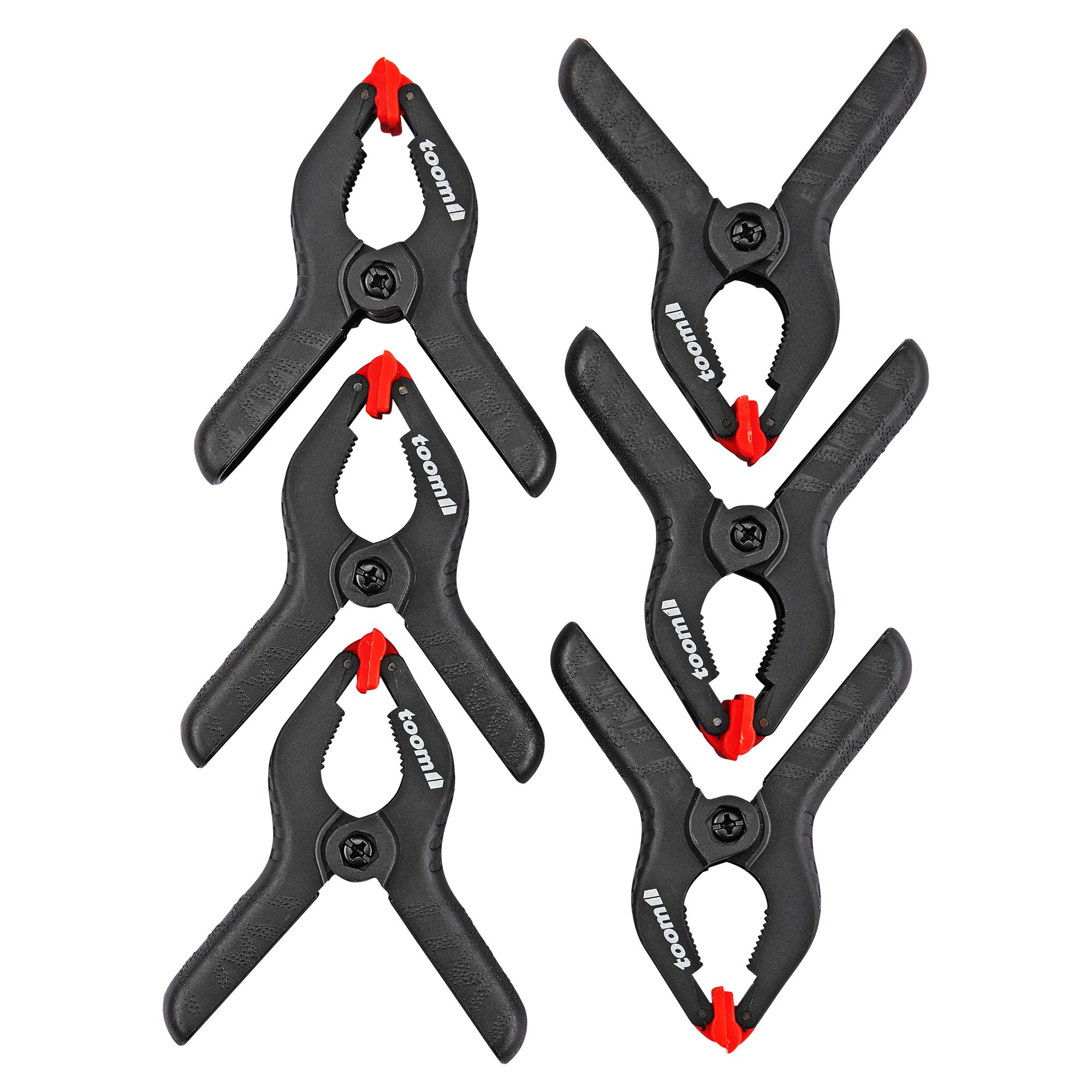 Sechs schwarze Federklemmen mit roten Griffen