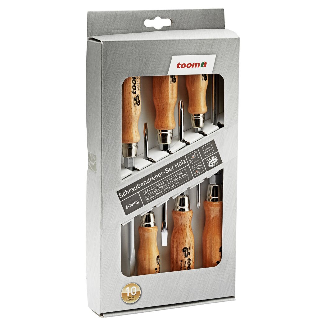 Sechsteiliger Schraubendreher-Set für Holz in Verpackung.