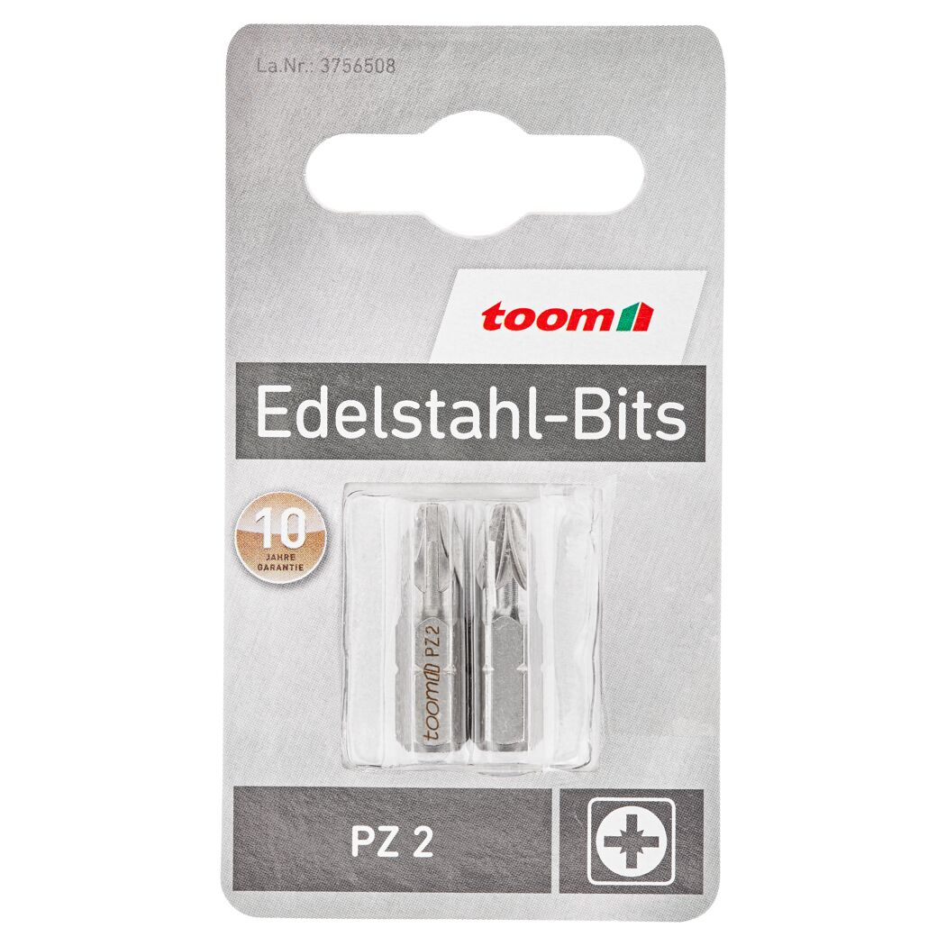 Zwei Toom Edelstahl Bits PZ 2 in Verpackung