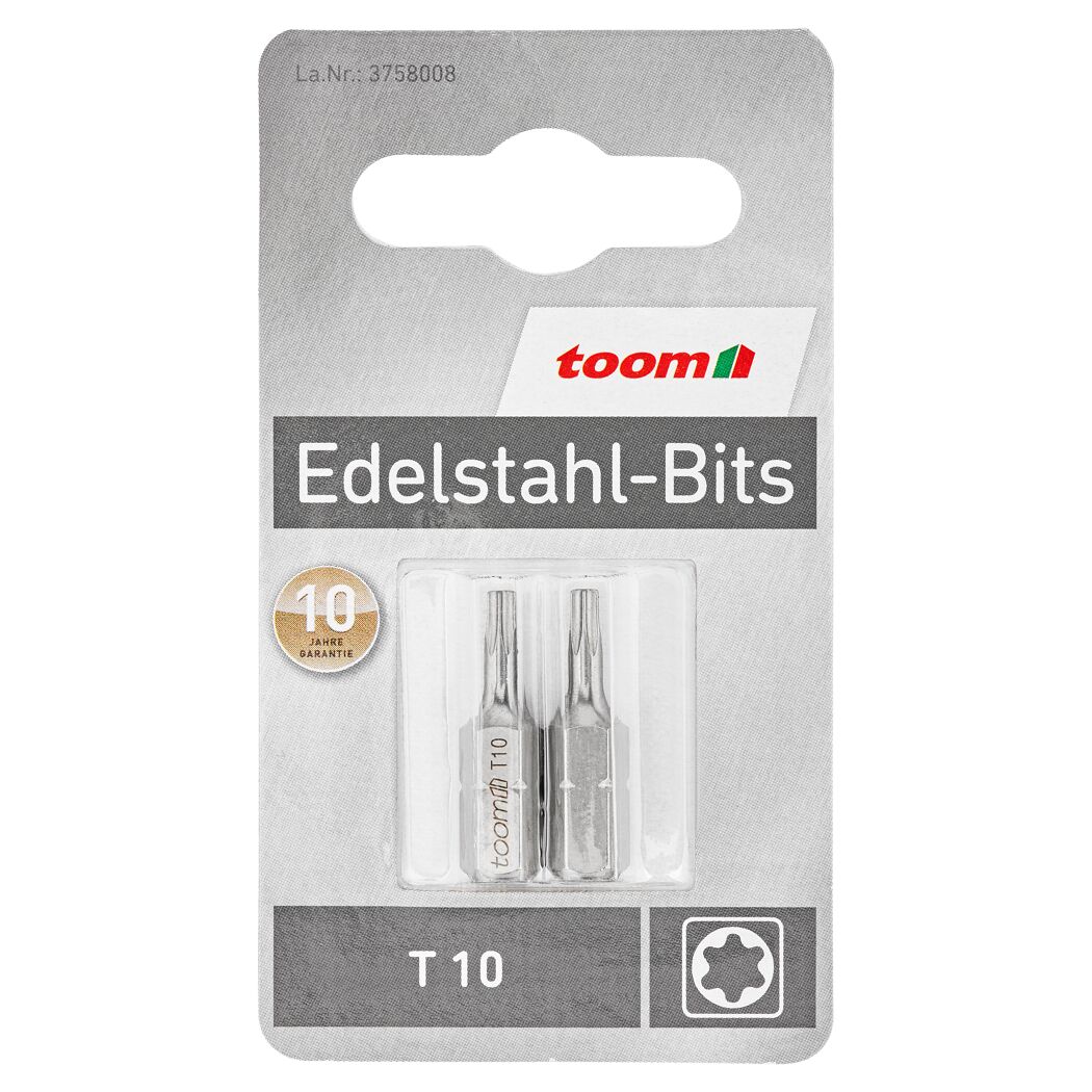 Zwei TOOM Edelstahl Bits T10 in Verpackung