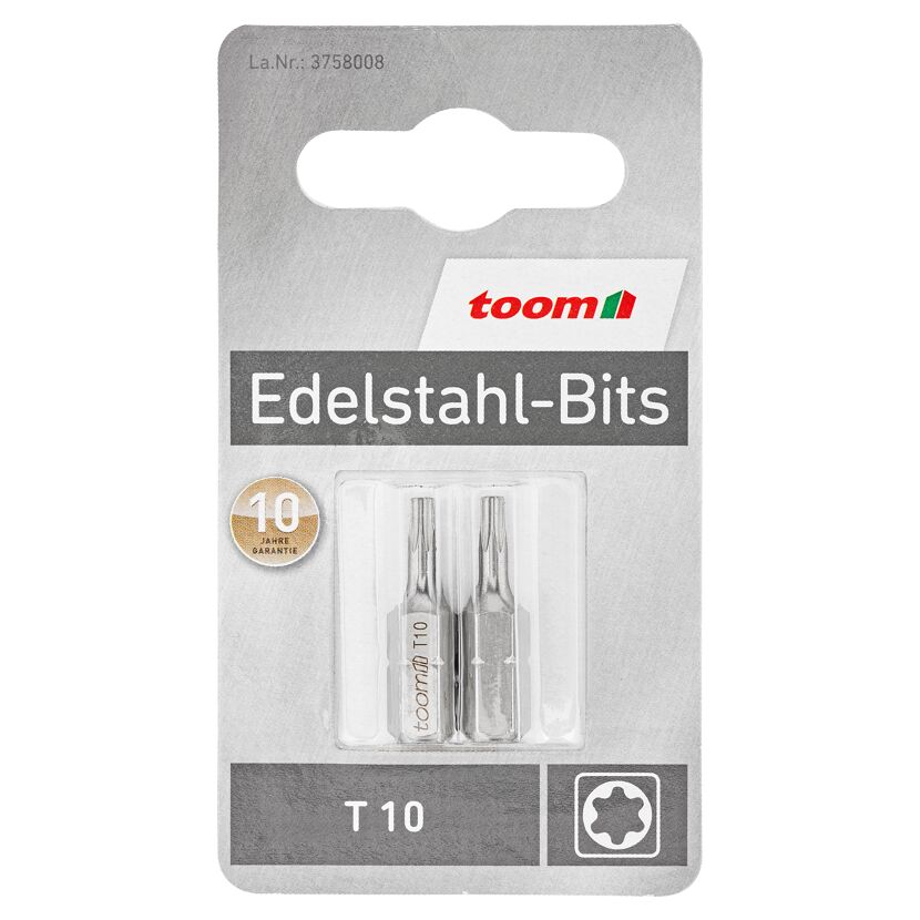 Zwei TOOM Edelstahl Bits T10 in Verpackung