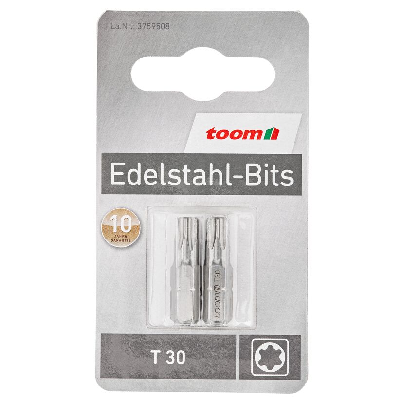 Zwei TOOM Edelstahl-Bits T30 in Verpackung