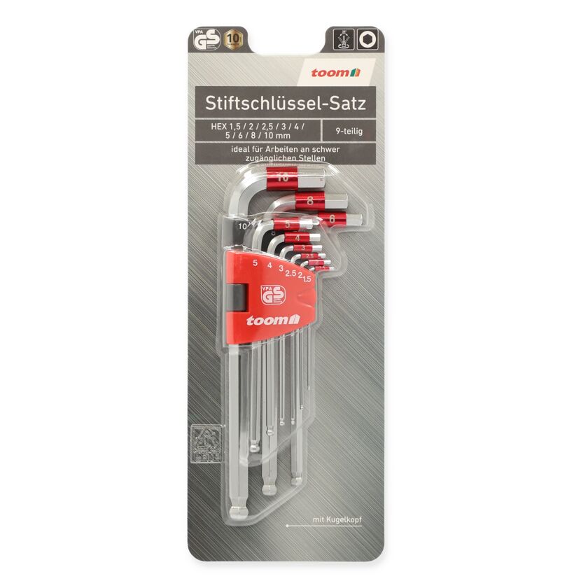 Neunteiliger Stiftschlüsselsatz von Toom mit Kugelkopf.
