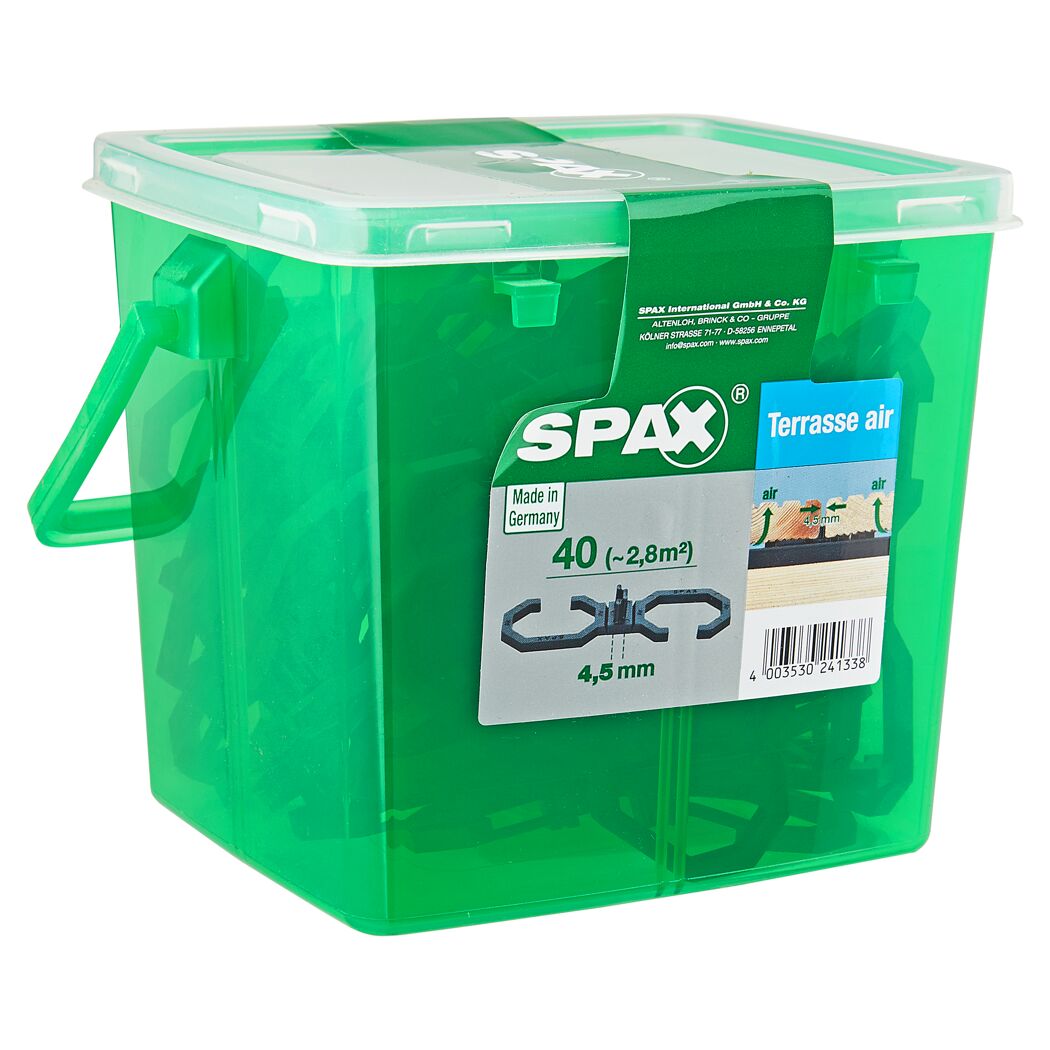 Grüne Box mit SPAX AIR Terrassendielen Abstandhalter