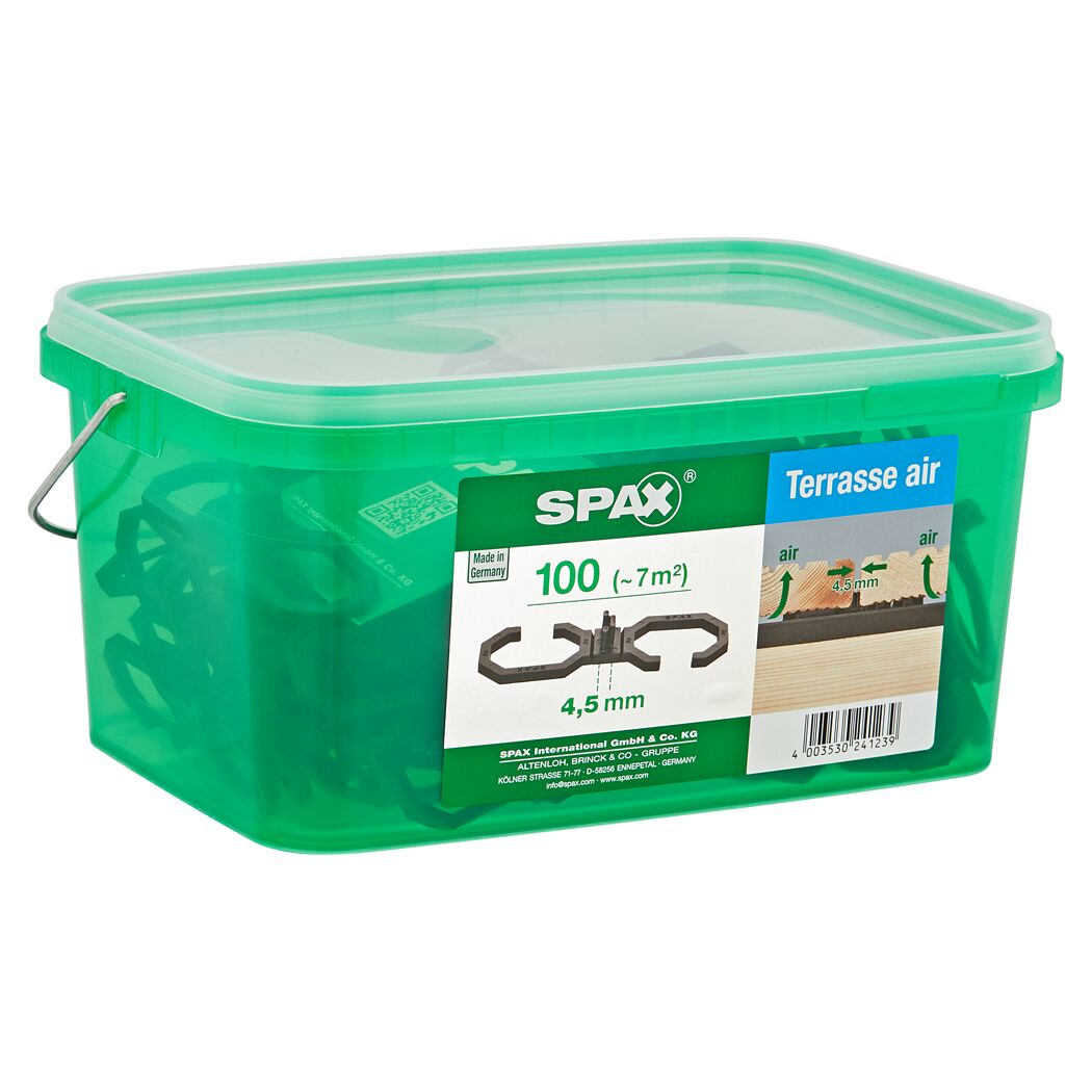 Grüne Kunststoffbox mit SPAX Terrassen-Abstandshaltern