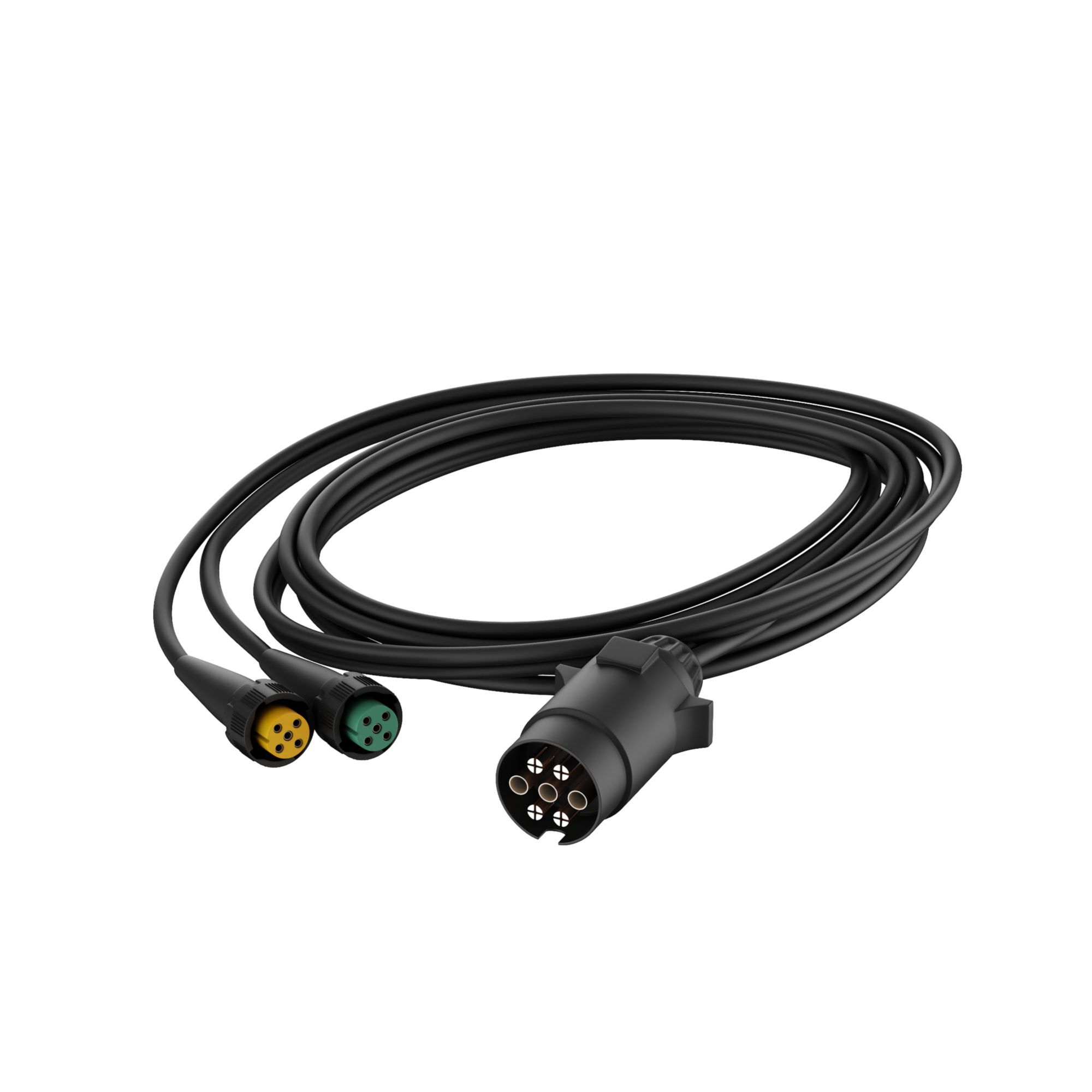 Schwarzer universal Kabelsatz mit 7-poligem Stecker und farbigen Steckern.