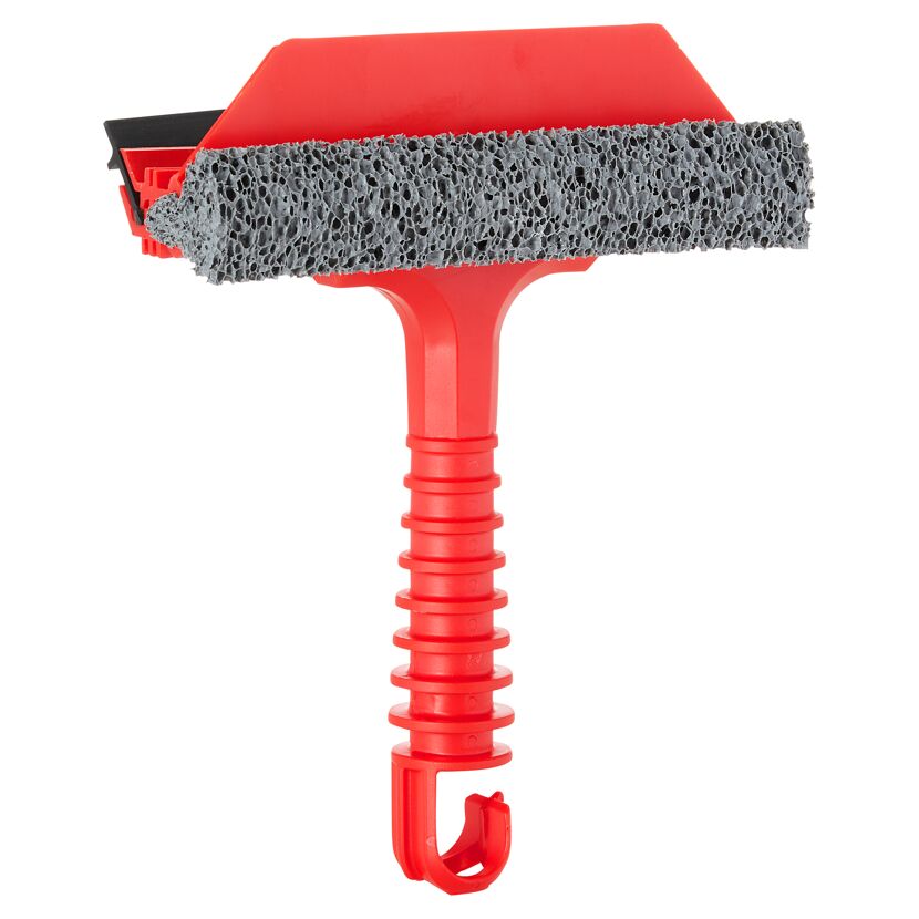Roter Scheibenreiniger mit grauem Schwamm