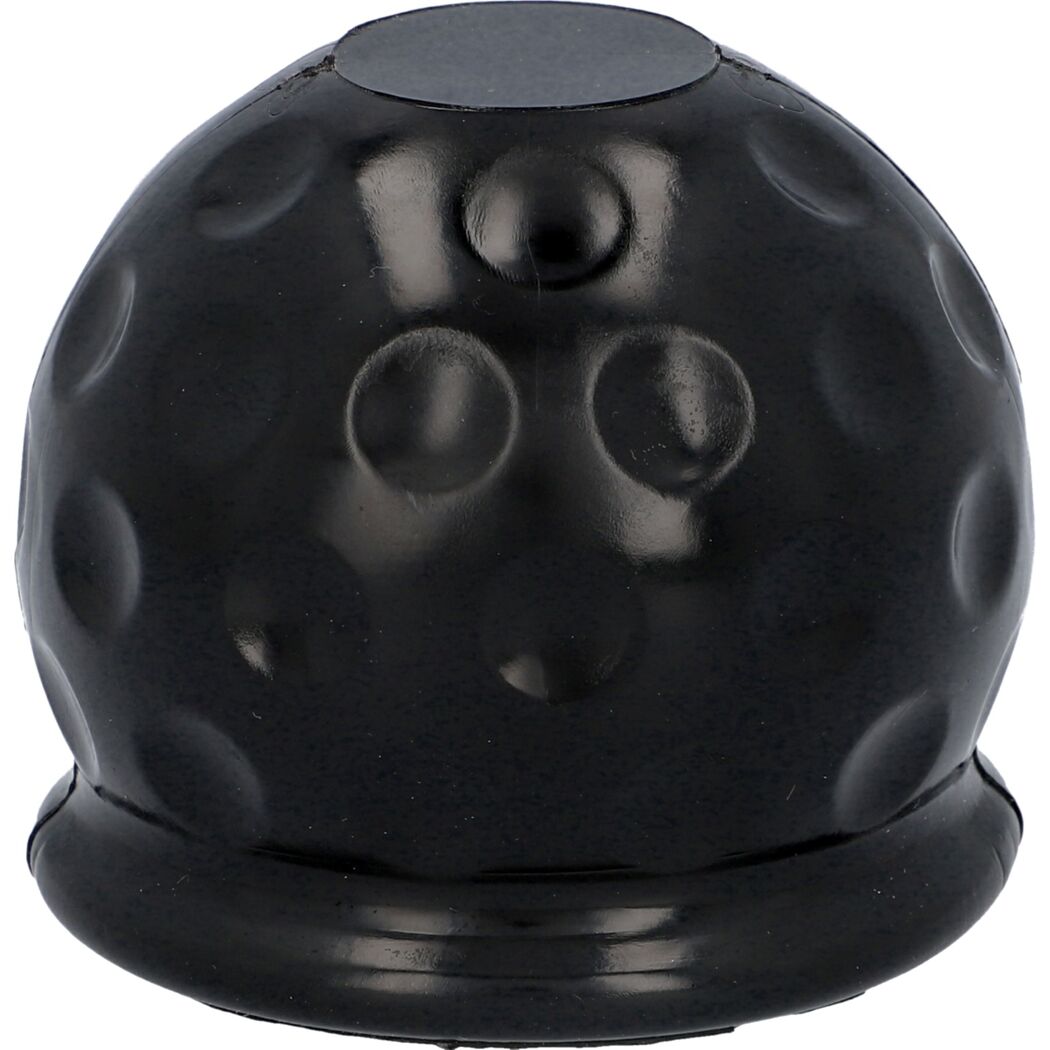 Schwarze Anhängerkupplungs-Schutzkappe im Golfball-Design.