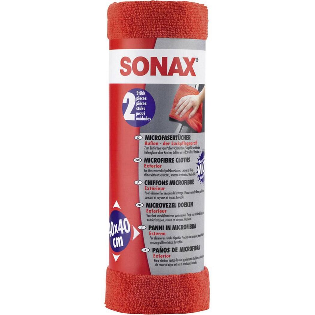 Zwei rote Sonax Microfasertuch
