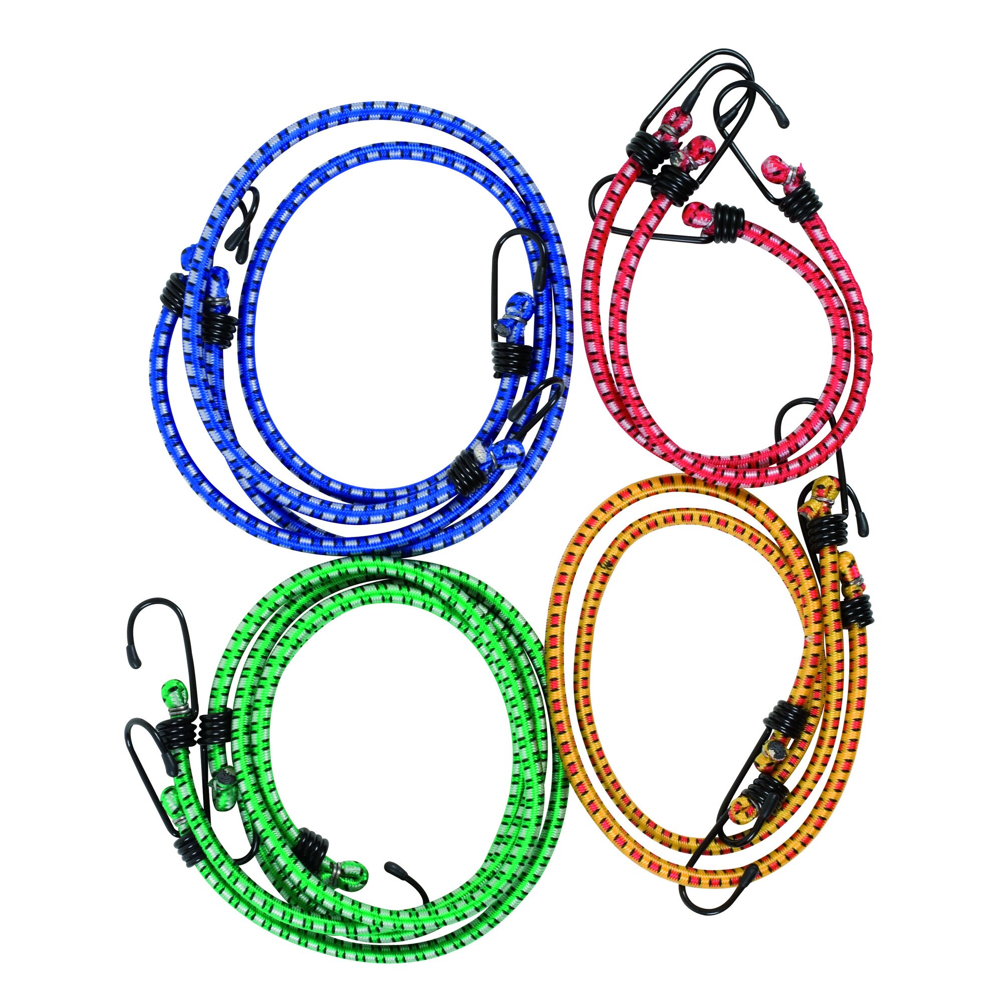 Vier bunte Expanderseile mit Haken.