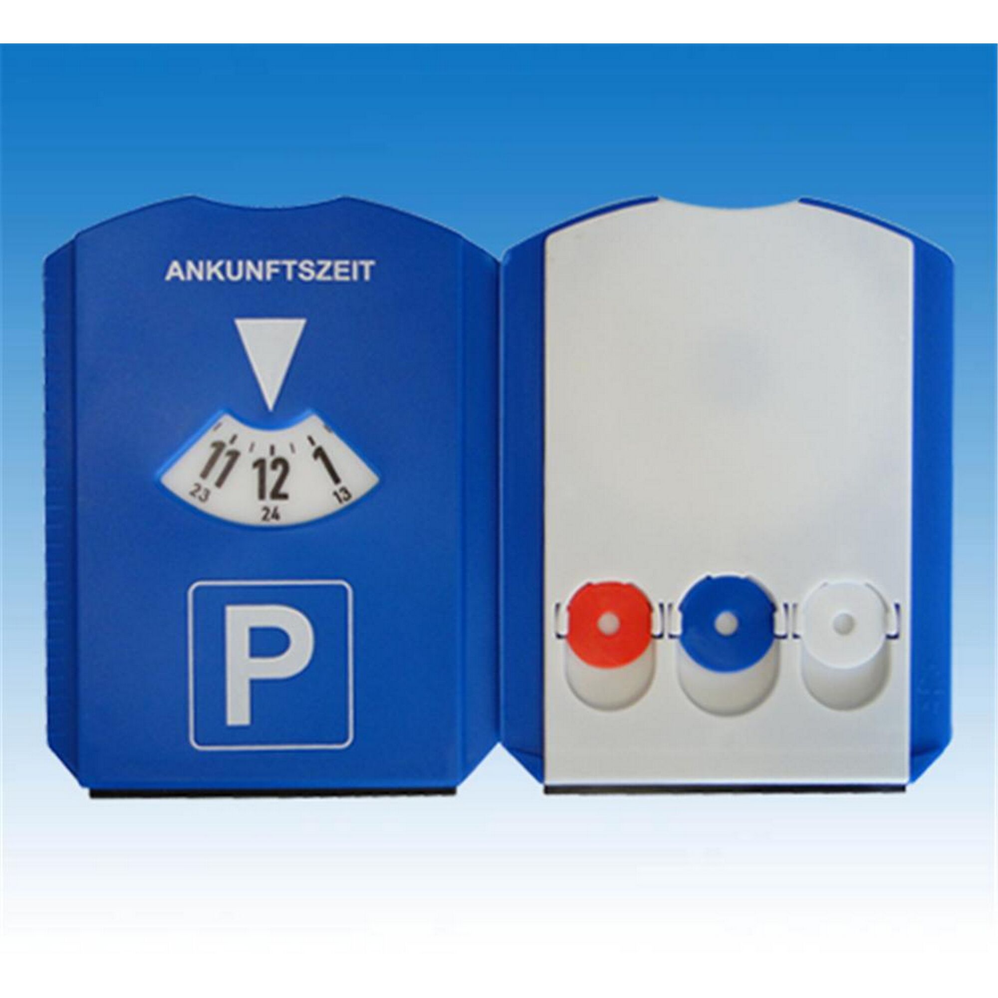 Blaue Parkscheibe mit Eiskratzer und Einkaufswagenchip