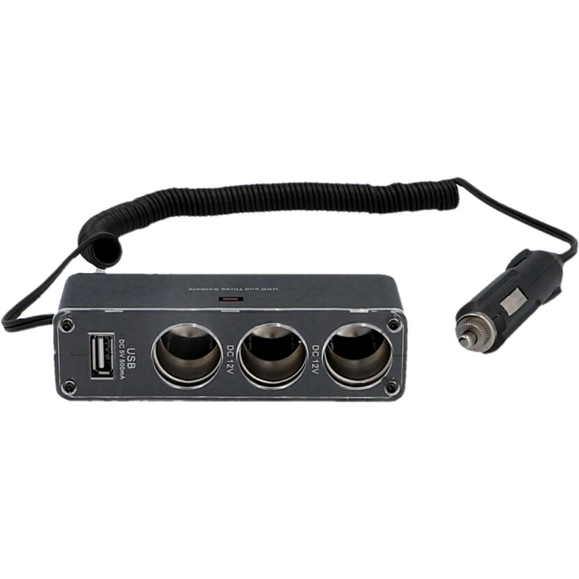 KFZ-Adapter mit drei 12V-Anschlüssen und einem USB-Anschluss
