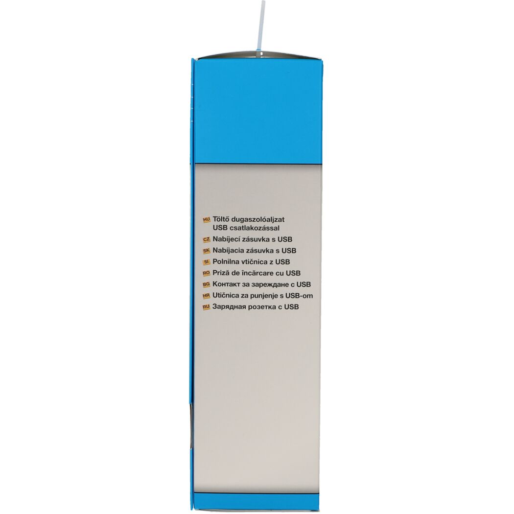 Verpackung einer Ladesteckdose mit USB-Anschluss.