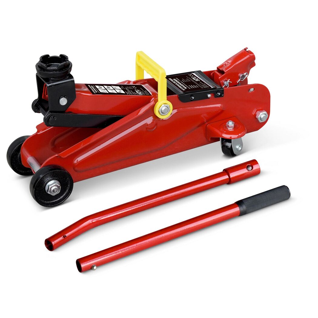 Roter Wagenheber mit gelbem Griff und zwei roten Stangen