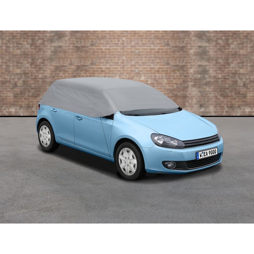 Blaues Auto mit Halbgarage