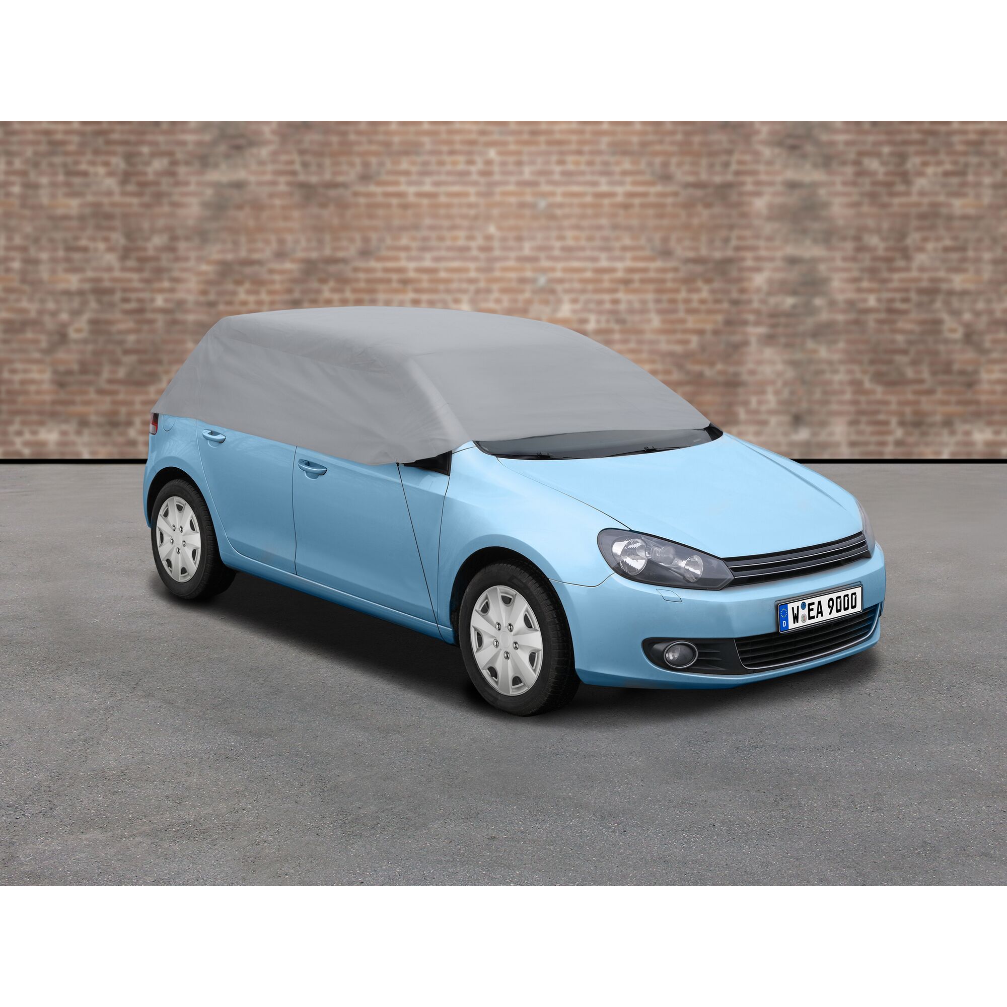 Blaues Auto mit Halbgarage