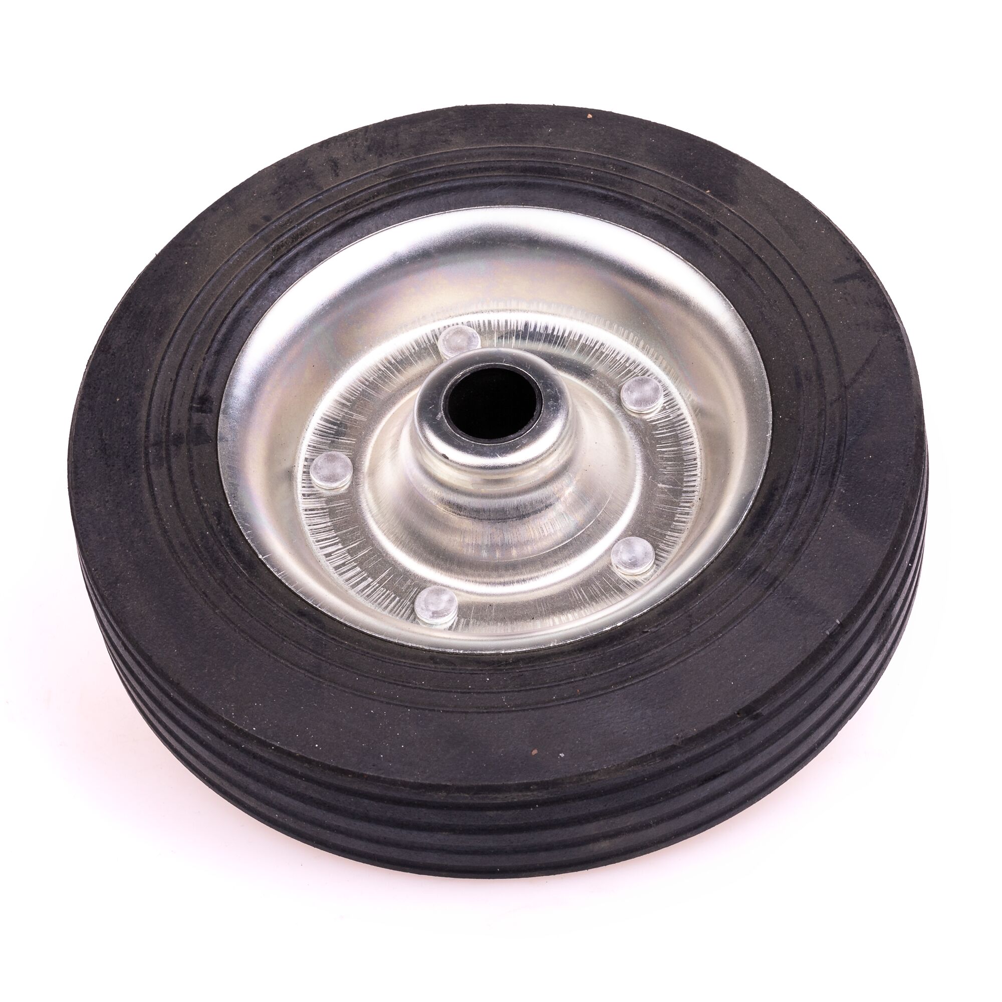Schwarzes Gummirad mit silberner Stahlfelge
