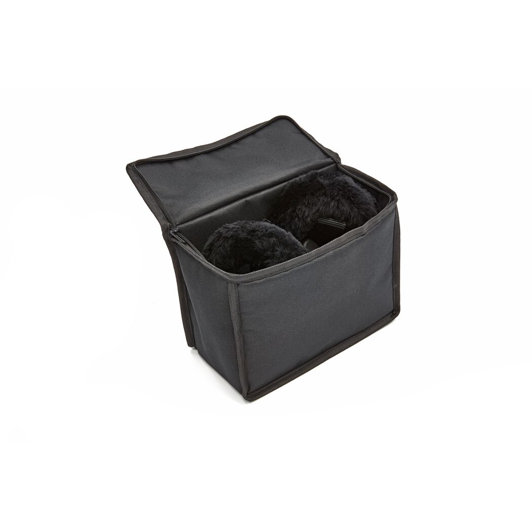 Schwarze Tasche mit Pelzpantoffeln