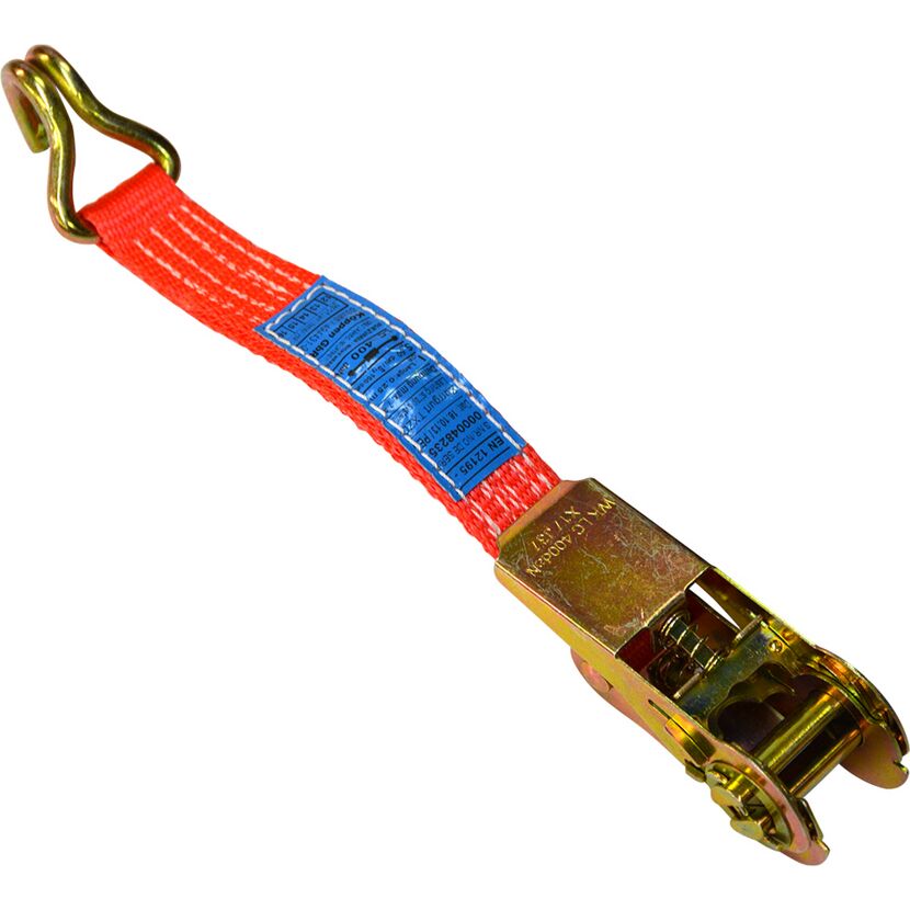 Roter Spanngurt mit Ratsche und Haken.