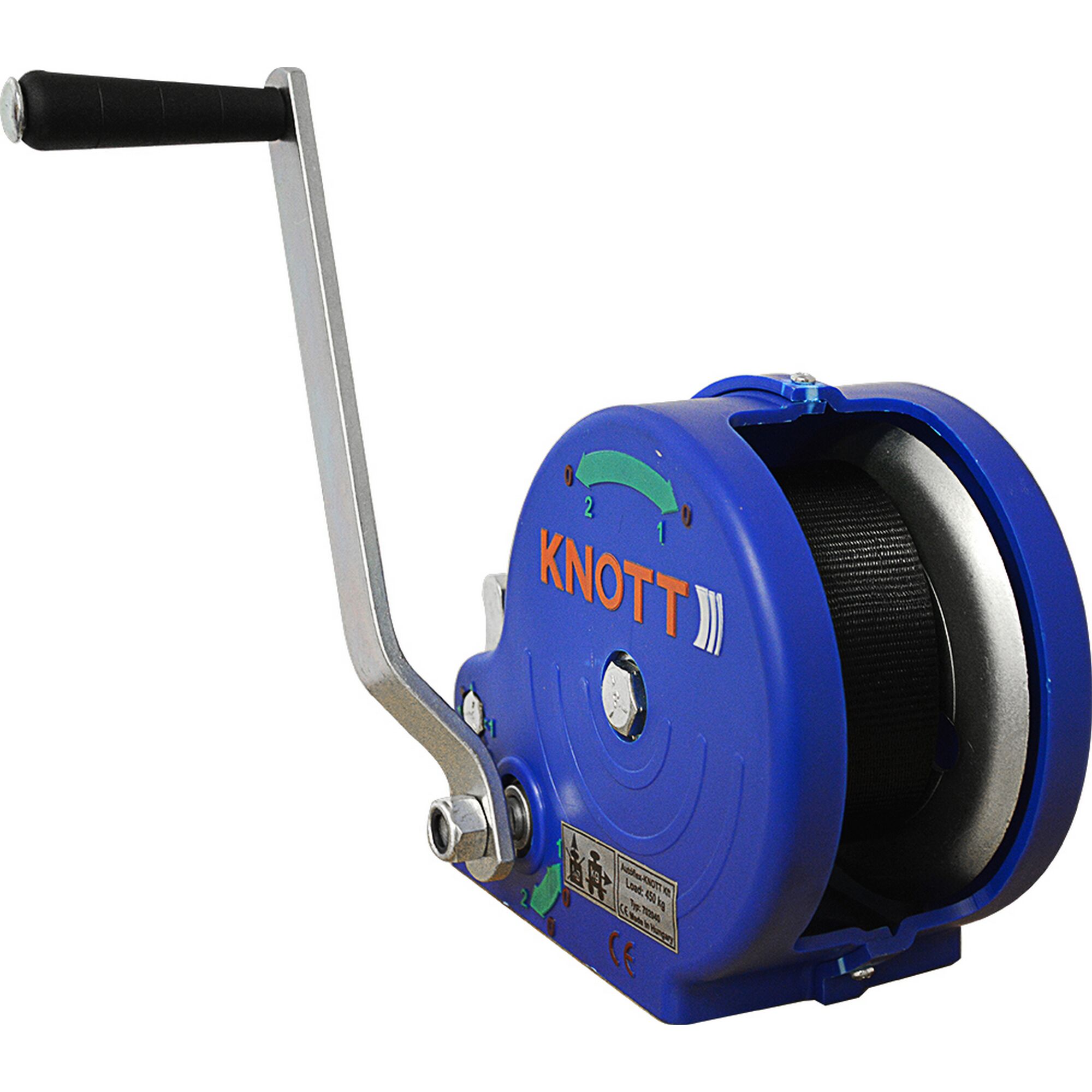 Blaue KNOTT Seilwinde mit Handkurbel