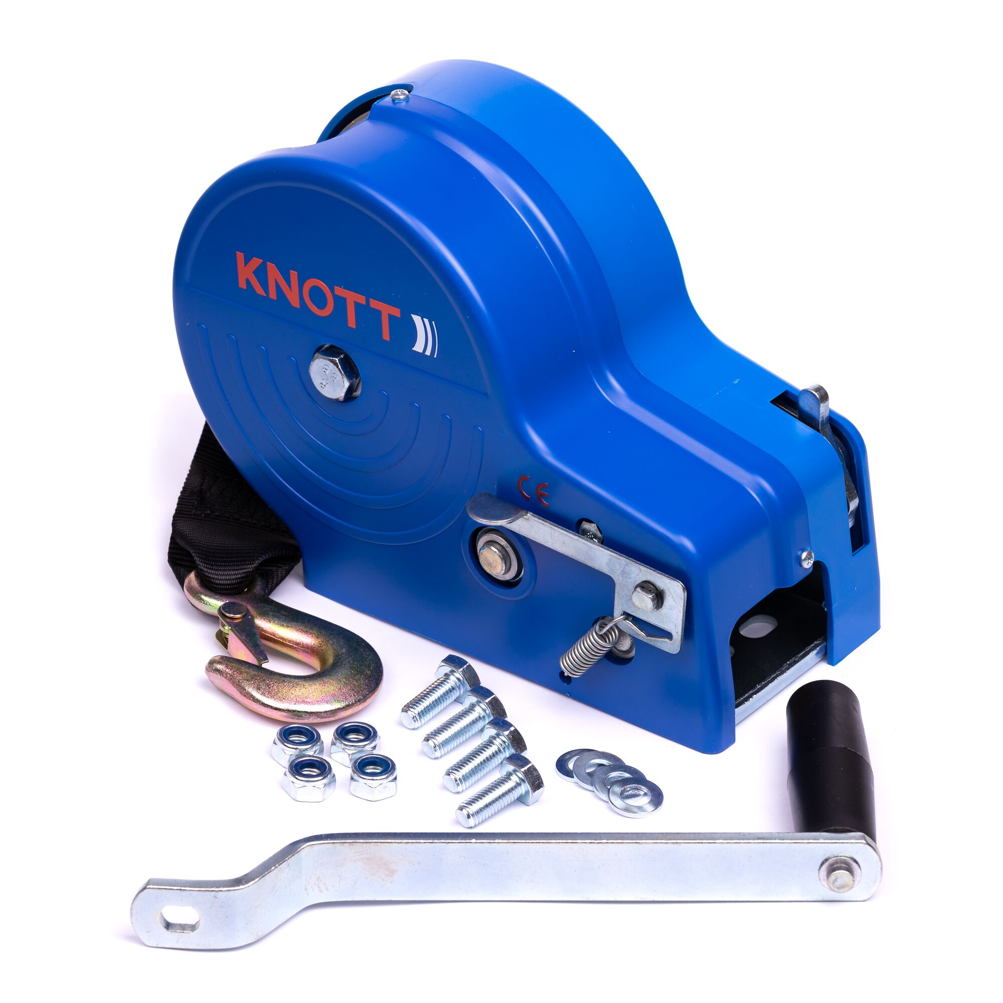 Blaue Seilwinde Knott mit Kurbel und Haken