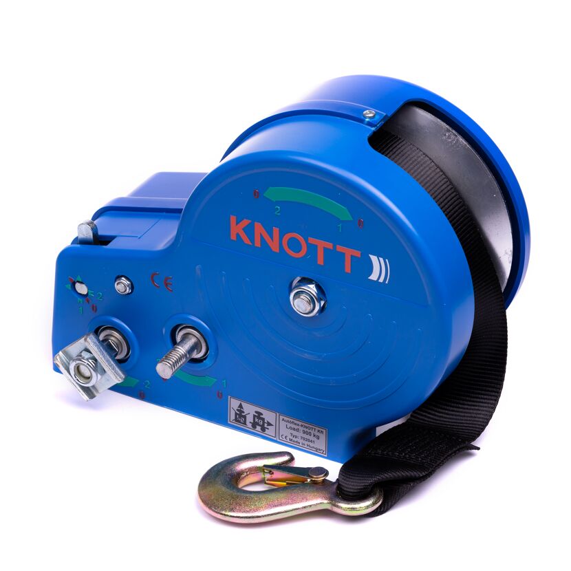 Blaue KNOTT Seilwinde mit Gurt und Haken