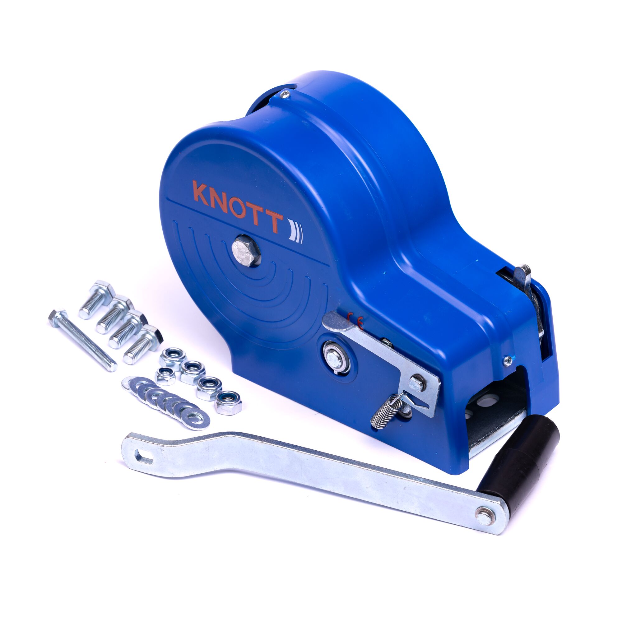 Blaue Knott Seilwinde mit Kurbel und Schrauben