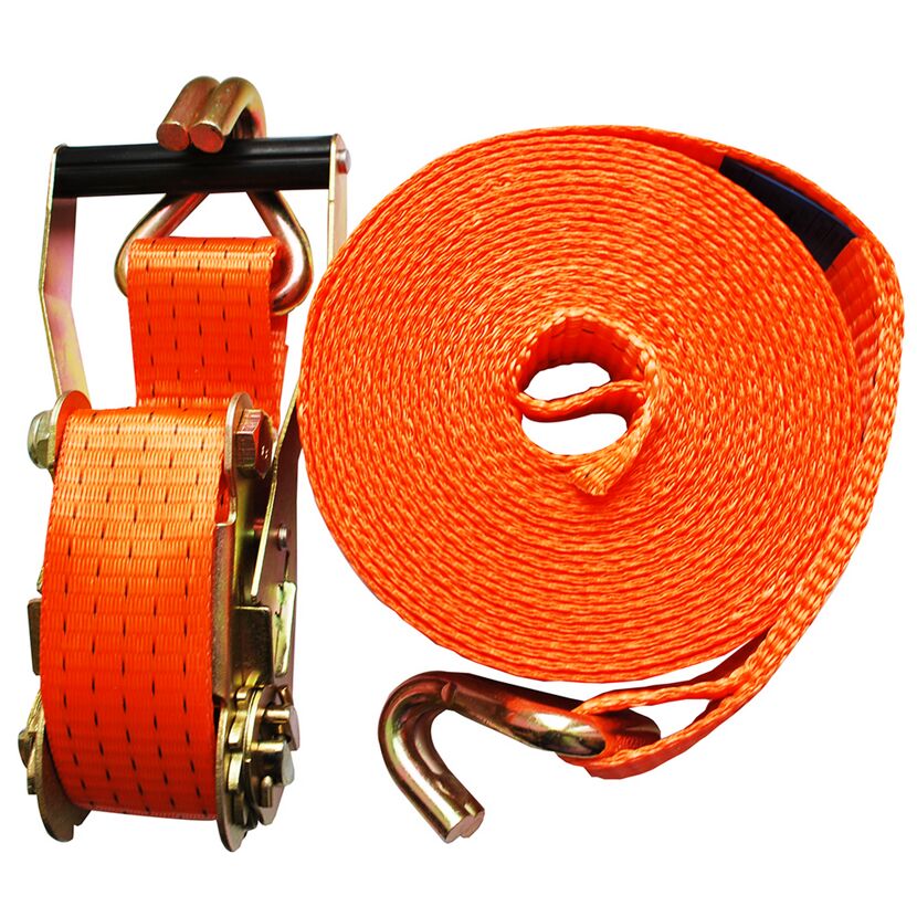 Oranger Spanngurt mit Ratsche und Haken
