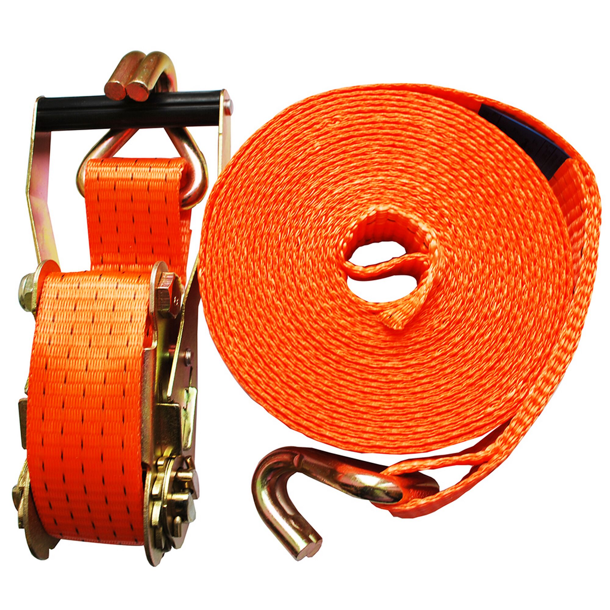 Oranger Spanngurt mit Ratsche und Haken