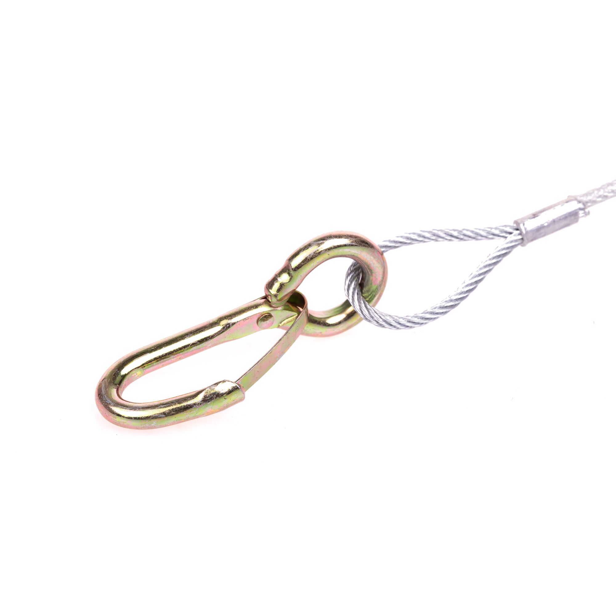 Nahaufnahme eines Abreißbremsseils mit Karabinerhaken.