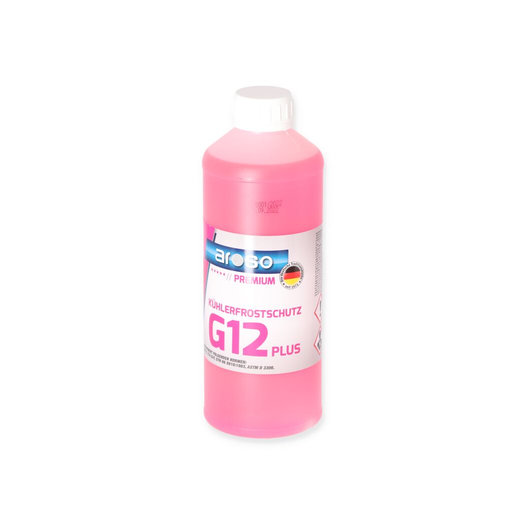 Eine Flasche Kühlerfrostschutz G12 Plus von Aroso.