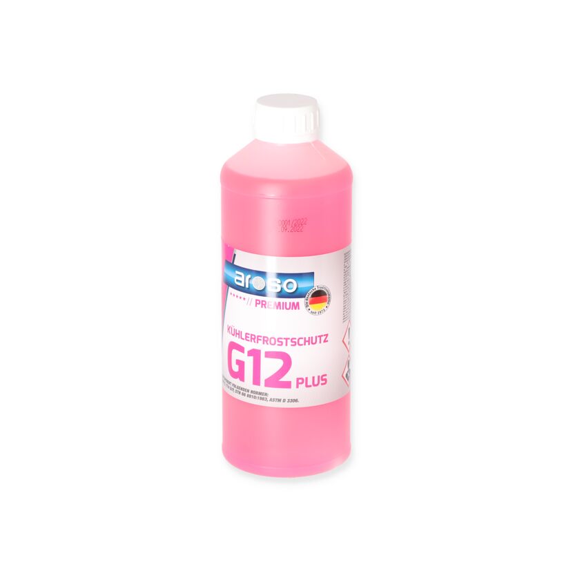 Eine Flasche Kühlerfrostschutz G12 Plus von Aroso.