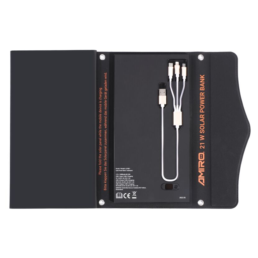 Schwarze AMIRO Solar Powerbank mit Ladekabel