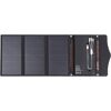 Schwarze Solar Powerbank, aufgeklappt, mit Ladekabel