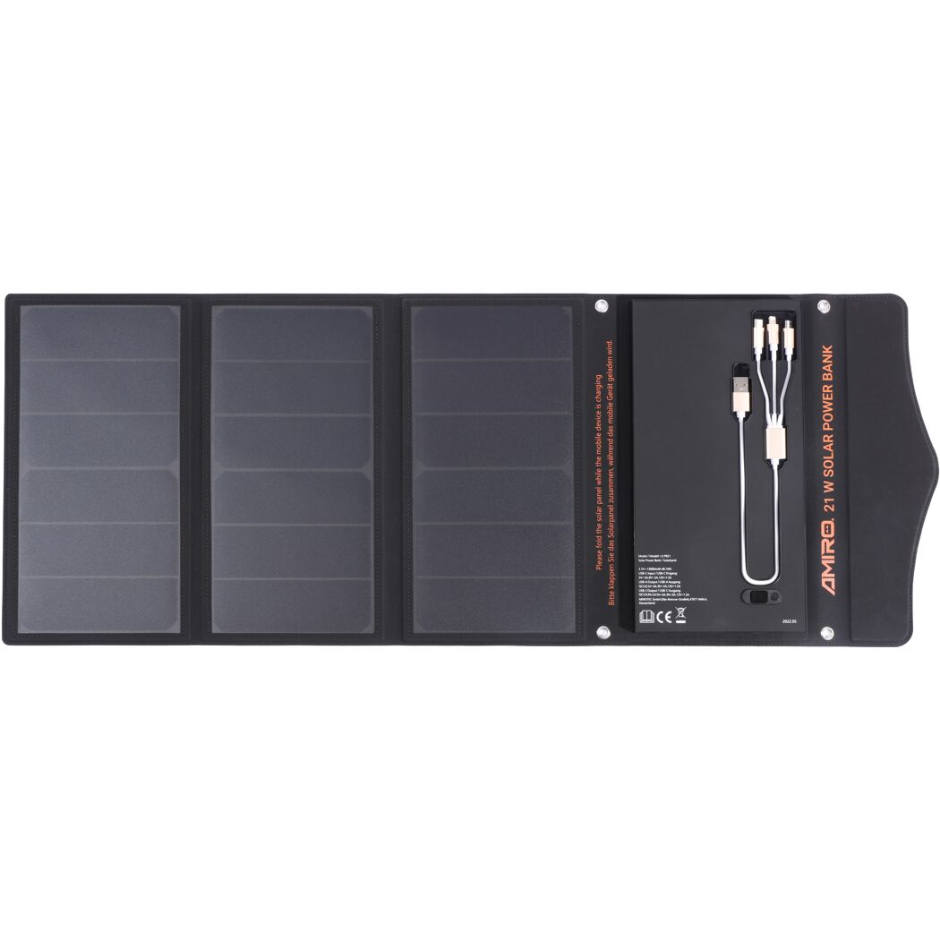 Schwarze Solar Powerbank, aufgeklappt, mit Ladekabel